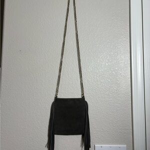 Chic Gray Suede Leather Gold Chain Crossbody Bag with Fringe on Both Sides.
